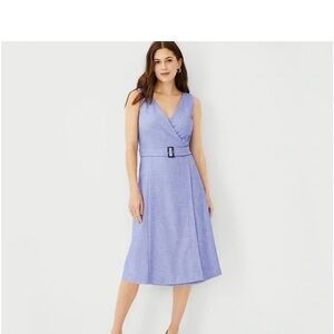 Ann Taylor Semi Wrap Light Blue Belted Midi Dress